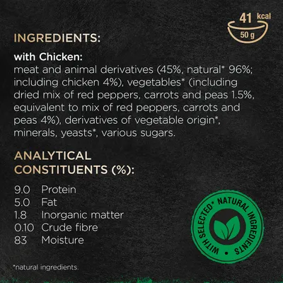 Ainesosat englanniksi: liha- ja eläinperäiset tuotteet (45 %, kanaa 4 %), vihannekset, kasvisperäiset johdannaiset, mineraalit, hiivat, sokerit. Ravintoarvot: proteiini 9 %, rasva 5 %, kuitu 0,1 %, kosteus 83 %. 41 kcal/50 g.