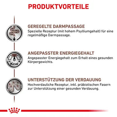 Produktvorteile: Geregelte Darmpassage durch hohen Psylliumgehalt, angepasster Energiegehalt für gesundes Körpergewicht, hochverdauliche Rezeptur mit präbiotischen Fasern für gesunde Verdauung.