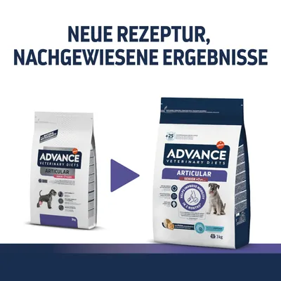 Neue Rezeptur, nachgewiesene Ergebnisse. Advance Veterinary Diets Articular Senior ab 7 Jahren, hilft Mobilität in 2 Monaten zu verbessern. Verpackung vorher und nachher gezeigt.