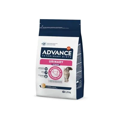 ADVANCE Veterinary Diets Urinary Stress kattenvoer, verpakking van 1,25 kg met afbeelding van kat en tekst: helpt het risico op struvietkristallen te verminderen.