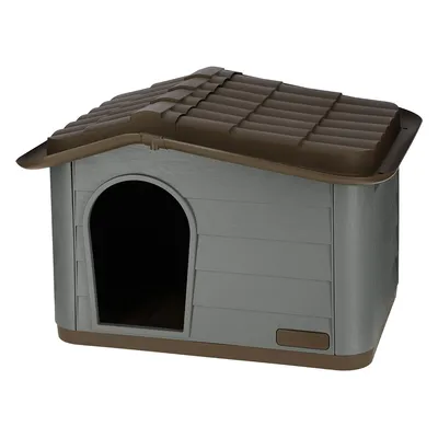 Caseta para perros de plástico gris con techo marrón y entrada ovalada. Marca 'Kinderpet' visible en la parte frontal.