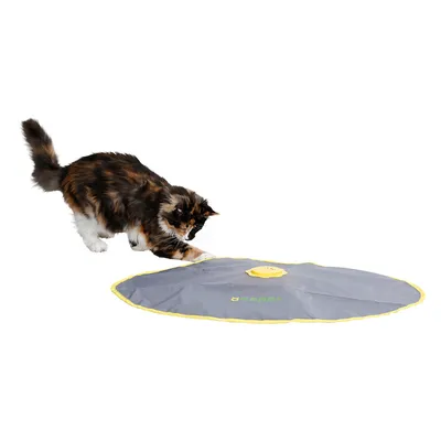 Kerbl play mat with yellow border and interactive element, cat playing on it.