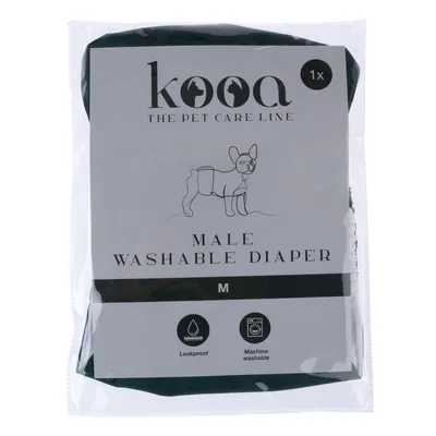 kooa Male Washable Diaper Grösse M, auslaufsicher und maschinenwaschbar. Verpackung zeigt Illustration eines Hundes mit Windel.