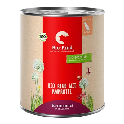Herrmann's Manufaktur ekologiskt nötkött med morot och amarant. För vuxna hundar. 1 recept. Ekologiskt certifikat DE-ÖKO-001 synligt.