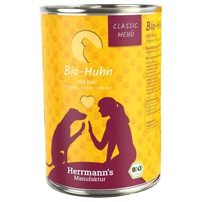 Blik Herrmann's Manufaktur Bio-Huhn mit Reis, Classic Menü. Tekst op blik: Bio-Huhn mit Reis, Herrmann's Manufaktur, BIO-keurmerk zichtbaar.