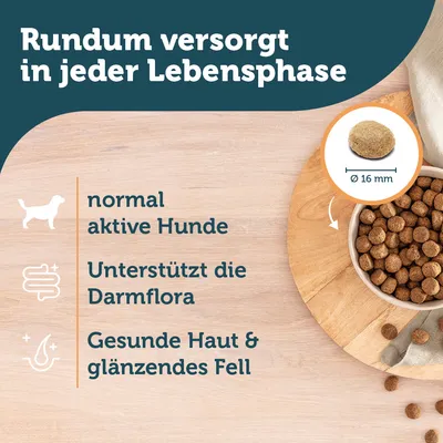 Rundum versorgt in jeder Lebensphase. Für normal aktive Hunde, unterstützt die Darmflora, gesunde Haut und glänzendes Fell. Krokettengrösse Ø 16 mm.