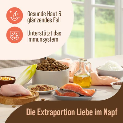 Gesunde Haut & glänzendes Fell. Unterstützt das Immunsystem. Die Extraportion Liebe im Napf mit Zutaten wie Lachs, Huhn, Chicorée, Öl und Reis.