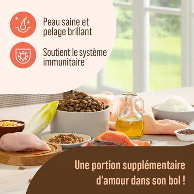 Peau saine et pelage brillant. Soutient le système immunitaire. Une portion supplémentaire d’amour dans son bol ! Texte en français belge.