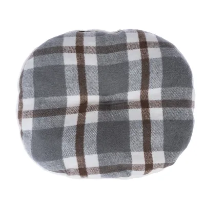 Round cushion with grey and brown check pattern, soft fabric.