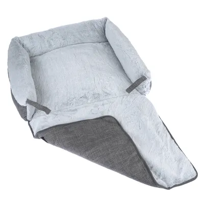 Graues, faltbares Haustierbett mit weicher Plüschoberfläche und verstellbaren Gurten. Ideal für Komfort und einfache Handhabung.