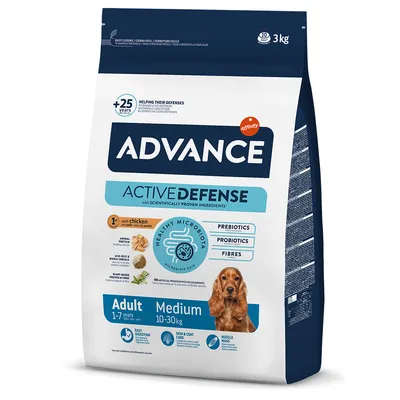 Advance Active Defense Trockenfutter für mittelgrosse Hunde, 3kg. Mit Huhn, Präbiotika, Probiotika und Ballaststoffen. Für Erwachsene von 1-7 Jahren, Gewicht 10-30kg.