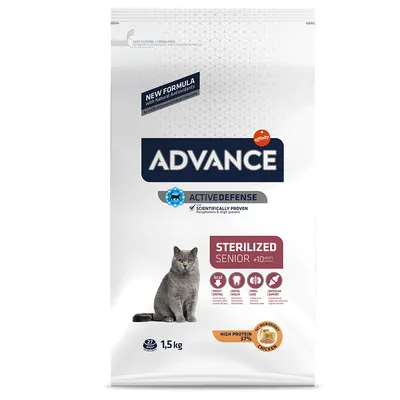 Balení ADVANCE Active Defense Sterilized Senior +10 years, 1,5 kg, s obrázkem šedé kočky. Text: High protein 37 %, Ingredients chicken, 27 days.