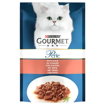 Purina Gourmet Perle корм для кошек с уткой, изображение кусочков мяса в соусе. Многоязычная надпись: Mit Ente, With Duck, Au Canard, Con Anatra, Met Eend, Con Pato.