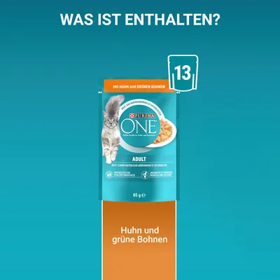 Purina ONE Adult, 85 g, avec poulet et haricots verts. Texte en allemand : « WAS IST ENTHALTEN? », « Mit Huhn und grünen Bohnen », « Huhn und grüne Bohnen ». Paquet de 13.