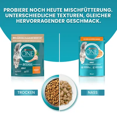 Purina ONE Bifensis Adult pour chat, croquettes 750 g à gauche, sachet humide 85 g avec poulet et haricots verts à droite, bols montrant aliments secs et humides. Texte en allemand.