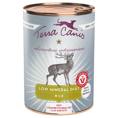 Boîte Terra Canis alimentum veterinarium, LOW MINERAL DIÄT WILD, 100 % Lebensmittelqualität aller Rohstoffe, mention sur les calculs urinaires, illustration de cerf.