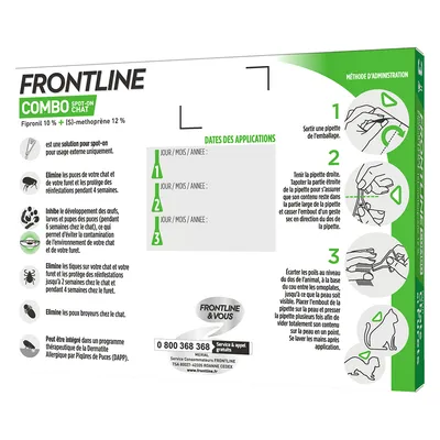 Boîte Frontline Combo Spot-On Chat, Fipronil 10 %, (S)-méthoprène 12 %. Méthode d’administration illustrée en 3 étapes. Tableau dates des applications. Service consommateurs : 0 800 368 368.