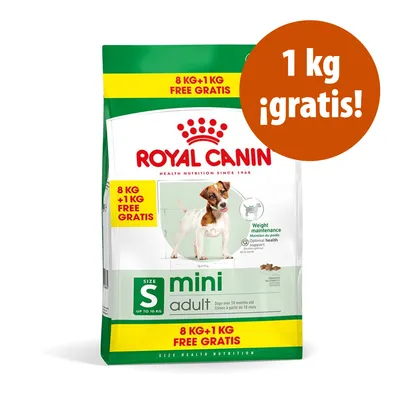 Saco de pienso Royal Canin mini adult, 8 kg + 1 kg gratis. Texto visible: '8 KG + 1 KG FREE GRATIS', '1 kg ¡gratis!', 'mini adult', 'size S up to 10 kg'. Imagen de un perro pequeño.