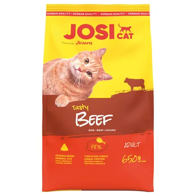 Sac JosiCat Tasty Beef, bœuf, 78 % protéines animales, adulte, 650 g. Texte visible : German Quality, Originalgröße, Adult, Powered by Josera.