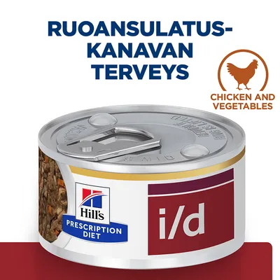 Hill's Prescription Diet i/d -kana ja vihannekset. Ruoansulatuskanavan terveys. Kananlihan ja vihannesten kuva, englanninkielinen teksti: Chicken and Vegetables.