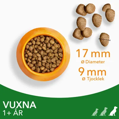 Torrfoderkulor i orange skål, närbild på kulor med mått: diameter 17 mm, tjocklek 9 mm. Text: VUXNA 1+ ÅR.