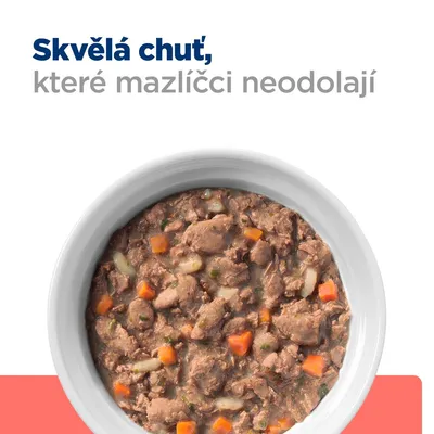 Miska s kúskami mäsového krmiva a zeleniny. Text v češtine: Skvělá chuť, které mazlíčci neodolají.