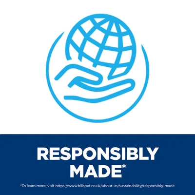 RESPONSIBLY MADE* felirat, alatta webcím: https://www.hillspet.co.uk/about-us/sustainability/responsibly-made. Szöveg angol nyelven.