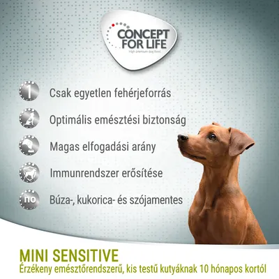 CONCEPT FOR LIFE. Csak egyetlen fehérjeforrás, optimális emésztési biztonság, magas elfogadási arány, immunrendszer erősítése, búza-, kukorica- és szójamentes. MINI SENSITIVE. Érzékeny emésztőrendszerű, kis testű kutyáknak 10 hónapos kortól.