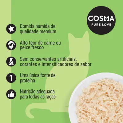 COSMA PURE LOVE. Comida húmida de qualidade premium, alto teor de carne ou peixe fresco, sem conservantes artificiais, uma única fonte de proteína, nutrição adequada para todas as raças.