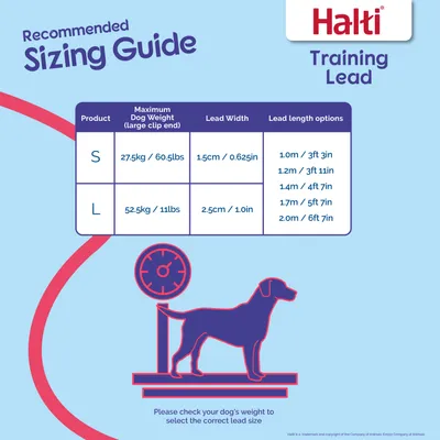 Maattabel Halti Training Lead: S tot 27,5 kg, 1,5 cm breed, lengtes 1–2 m; L tot 52,5 kg, 2,5 cm breed, lengtes 1–2 m. Controleer het gewicht van uw hond voor de juiste maat.