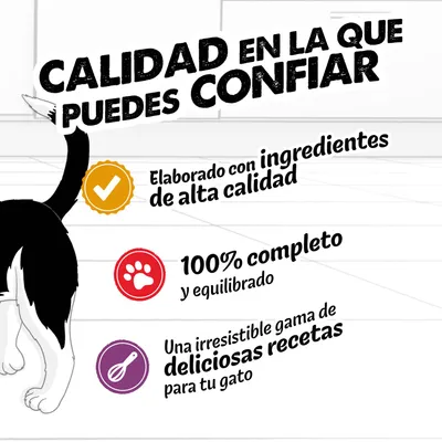 Calidad en la que puede confiar: elaborada con ingredientes de alta calidad, 100% completa y equilibrada, irresistible selección de deliciosas recetas para su gato. Calidad en la que puede confiar: elaborada con ingredientes de alta calidad, 100% completa y equilibrada, irresistible selección de deliciosas recetas para su gato.