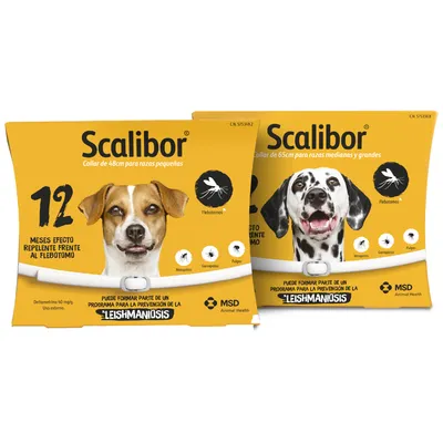 Scalibor collar, 48 cm para razas pequeñas y 65 cm para razas medianas y grandes. Protección contra mosquitos, garrapatas y pulgas. Eficaz hasta 12 meses. MSD Animal Health.