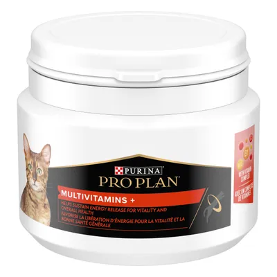 Purina Pro Plan Multivitamins+ for cats, white tub with label showing cat image, 'With Vitamin Complex' and B1, B2, B12 icons visible on side. Text in English and French.