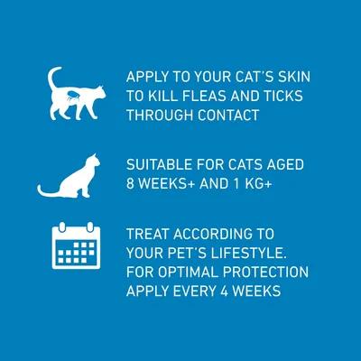 Instructions: Apply to cat’s skin to kill fleas and ticks. Suitable for cats aged 8 weeks and over, weighing at least 1 kg. For best results, apply every 4 weeks.