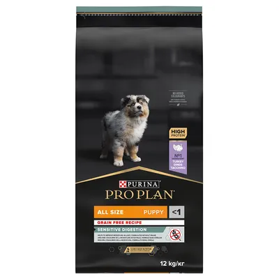 Purina Pro Plan All Size Puppy <1, rețetă fără cereale, digestie sensibilă, conținut ridicat de proteine, ingredient principal curcan, 12 kg. Fără coloranți adăugați.