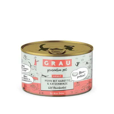 GRAU generation pet Adult macskaeledel, csirke sárgarépával és macskamentával, 68% hústartalom, monoprotein, gabona- és cukormentes, természetes összetevőkkel.