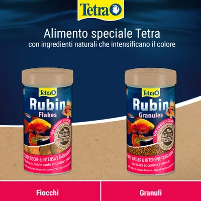 Tetra Rubin Flakes e Tetra Rubin Granules, alimento per pesci con componenti naturali per intensificare i colori. Possibilità di scegliere tra fiocchi e granulato.