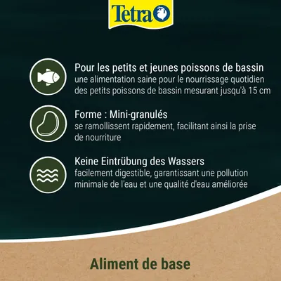 Tetra. Pour les petits et jeunes poissons de bassin, forme mini-granulés, ne trouble pas l'eau. Aliment de base pour poissons. Tetra. Pour les petits et jeunes poissons de bassin, forme mini-granulés, ne trouble pas l'eau. Aliment de base pour poissons.