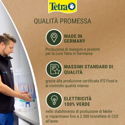 Tetra. Made in Germany: produzione di mangimi e prodotti per la cura Tetra in Germania. Standard di qualità più elevati grazie alla certificazione IFS Food. 100% energia verde nello stabilimento di Melle. Tetra. Made in Germany: produzione di mangimi e prodotti per la cura Tetra in Germania. Standard di qualità più elevati grazie alla certificazione IFS Food. 100% energia verde nello stabilimento di Melle.