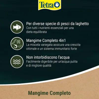 Tetra. Per diverse specie di pesci da laghetto, contiene tutti i nutrienti essenziali. Mangime completo 4in1 per una crescita ottimale e un sistema immunitario forte. Non intorbida l'acqua. Tetra. Per diverse specie di pesci da laghetto, contiene tutti i nutrienti essenziali. Mangime completo 4in1 per una crescita ottimale e un sistema immunitario forte. Non intorbida l'acqua.