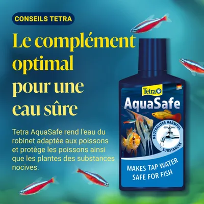 Tetra AquaSafe rend l'eau du robinet sûre pour les poissons et protège poissons ainsi que plantes contre les substances nocives. Additif optimal pour une eau sûre. Tetra AquaSafe rend l'eau du robinet sûre pour les poissons et protège poissons ainsi que plantes contre les substances nocives. Additif optimal pour une eau sûre.