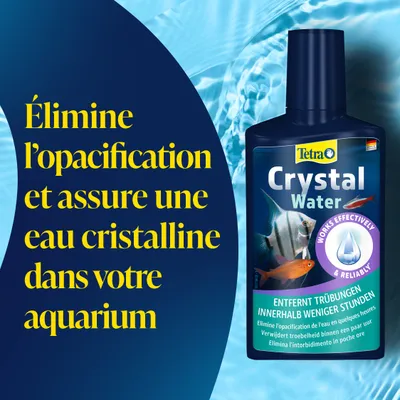 Tetra Crystal Water élimine les troubles en quelques heures, assurant une eau d’aquarium cristalline. Texte visible en plusieurs langues sur l’emballage. Tetra Crystal Water élimine les troubles en quelques heures, assurant une eau d’aquarium cristalline. Texte visible en plusieurs langues sur l’emballage.
