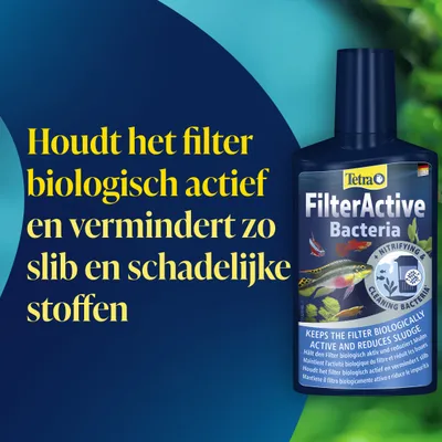 Tetra FilterActive Bacteriën. Houdt het filter biologisch actief en vermindert slib en schadelijke stoffen. Tetra FilterActive Bacteriën. Houdt het filter biologisch actief en vermindert slib en schadelijke stoffen.
