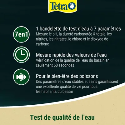 Bandelettes de test Tetra pour la qualité de l'eau, mesurent 7 paramètres tels que le pH, la dureté, les nitrites, les nitrates, le chlore et le CO2. Mesure rapide en 60 secondes pour des poissons en bonne santé. Bandelettes de test Tetra pour la qualité de l'eau, mesurent 7 paramètres tels que le pH, la dureté, les nitrites, les nitrates, le chlore et le CO2. Mesure rapide en 60 secondes pour des poissons en bonne santé.