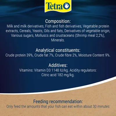 Tetra. Composition: milk, fish, vegetable protein, cereals, yeasts, oils, sugars, molluscs, minerals. Protein 39%, fat 7%, fibre 2%. Vitamin D3 1148 IU/kg. Feed what fish eat in 30 mins.