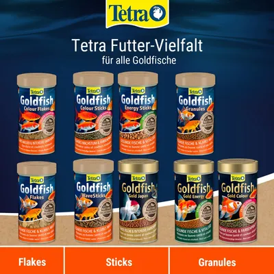 Tetra Futter-Vielfalt für alle Goldfische. Auswahl: Colour Flakes, Colour Sticks, Energy Sticks, Granules, Flakes, WaveSticks, Gold Japan, Gold Energy, Gold Colour. Mit natürlichen Zutaten.