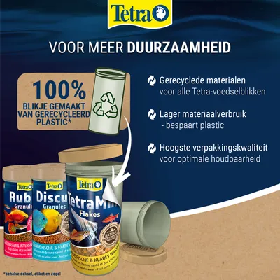 Tetra: 100% blikken gemaakt van gerecycled plastic, gerecyclede materialen voor alle Tetra-voerschalen, minder materiaalgebruik bespaart plastic, hoogste verpakkingskwaliteit voor optimale houdbaarheid.