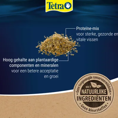 Tetra. Eiwitmix voor sterke, gezonde en vitale vissen. Hoog gehalte aan plantaardige bestanddelen en mineralen. Met natuurlijke ingrediënten, zonder toegevoegde conserveermiddelen of kleurstoffen.
