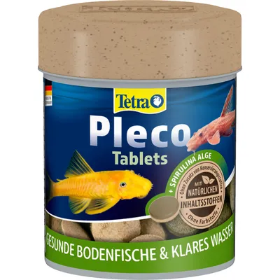 Boîte de comprimés Tetra Pleco Tablets, texte visible : Spirulina Alge, mit natürlichen Inhaltsstoffen, gesunde Bodenfische & klares Wasser. Deux poissons illustrés sur l’emballage.