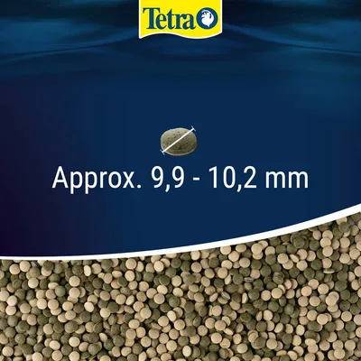 Tetra brand pellets, diameter approx. 9,9–10,2 mm shown with close-up of round greenish pellets and size reference.